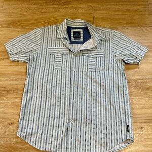 Prana Men's Blue Striped Shirt size small organic cotton button up short sleeve